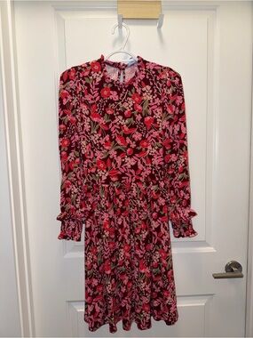 Draper James Burgundy Floral Long-Sleeve Ruffle Dress